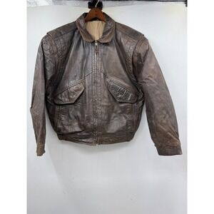 Peter England Aviation Mission Classic Leather Bomber Jacket Brown Mens Large